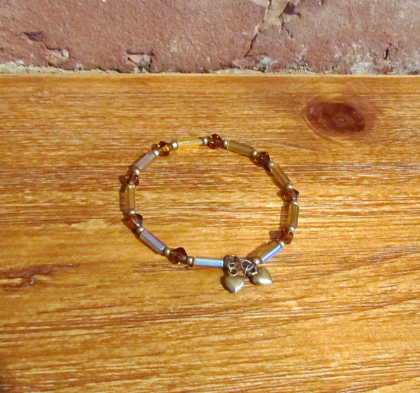 Spring Bracelet Gold Hearts Amber Beaded One Of A Kind