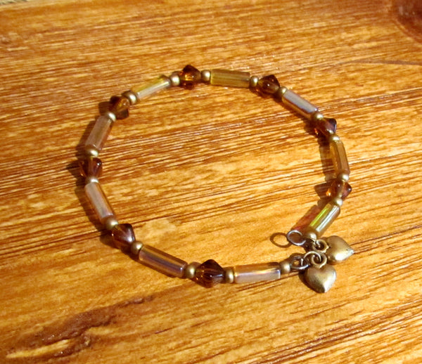 Spring Bracelet Gold Hearts Amber Beaded One Of A Kind