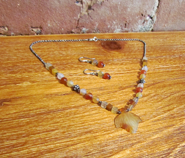 Sterling Silver Citrine Leaf Necklace & Earrings Set Handmade OOAK