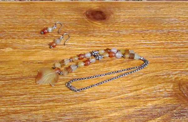 Sterling Silver Citrine Leaf Necklace & Earrings Set Handmade OOAK