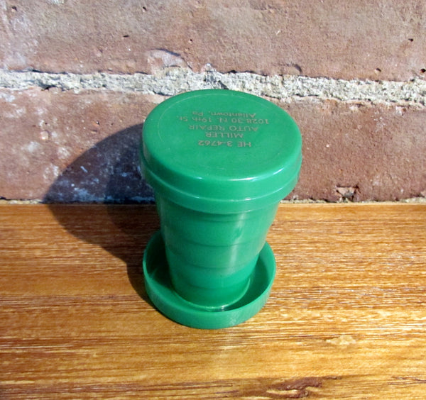 1940s Plastic Collapsible Travel Drink Cup Pill Container Miller Auto Repair Allentown, PA Advertising