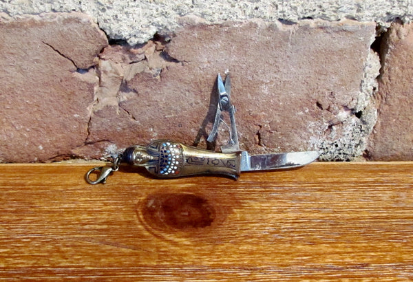 Egyptian Sarcophagus Pocket Knife w/Scissors Enameled Pendant Necklace Germany Solingen