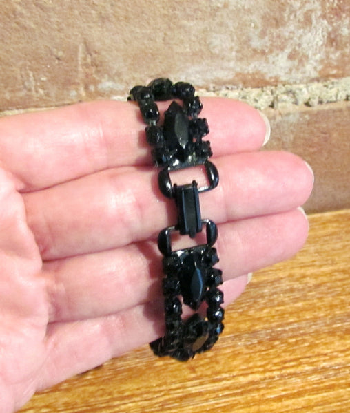 Vintage Black Onyx Faceted Glass Bracelet 7" Prong Set
