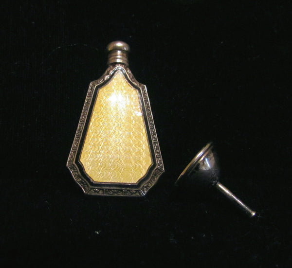 Art Deco Perfume Bottle Webster & Co Sterling Silver Yellow Enamel Guilloche Perfume Bottle Flask And Funnel