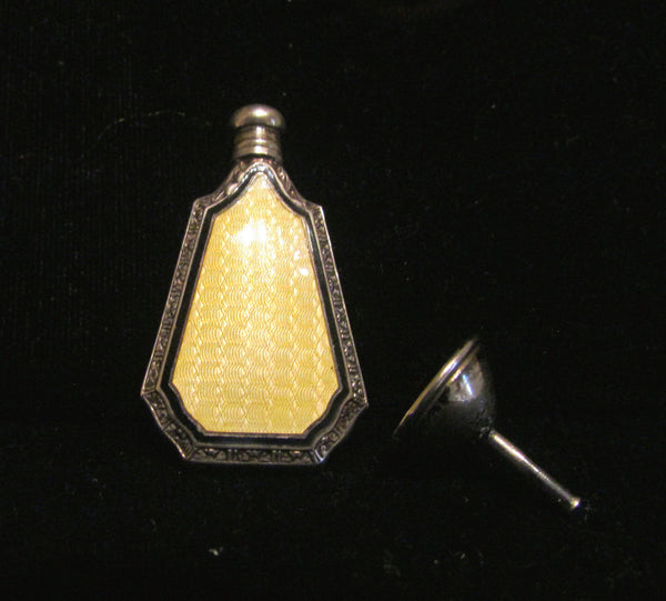 Art Deco Perfume Bottle Webster & Co Sterling Silver Yellow Enamel Guilloche Perfume Bottle Flask And Funnel