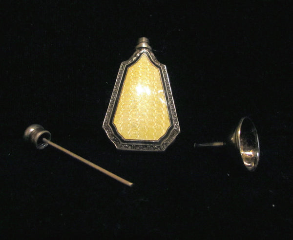 Art Deco Perfume Bottle Webster & Co Sterling Silver Yellow Enamel Guilloche Perfume Bottle Flask And Funnel