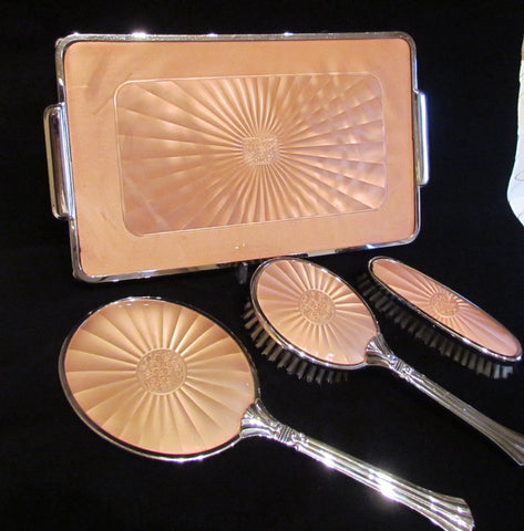 1940s Picadilly Vanity Set Mirror Brush Tray & Clothing Brush Celluloid Guilloche Dresser Set Made In England