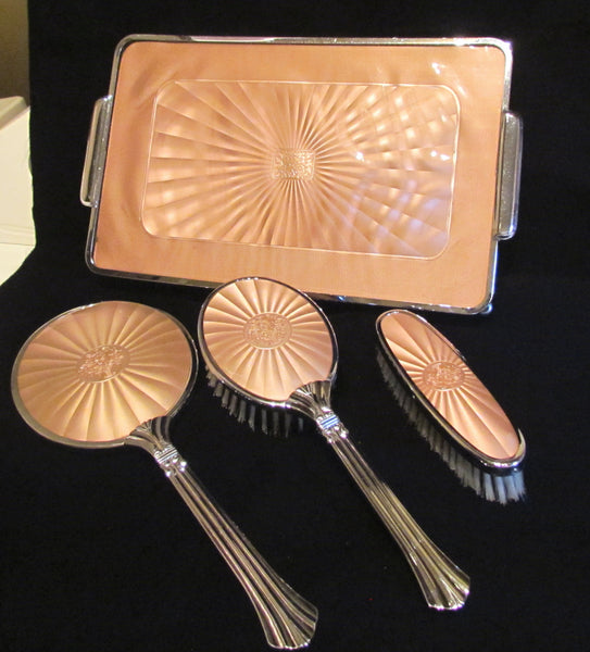 1940s Picadilly Vanity Set Mirror Brush Tray & Clothing Brush Celluloid Guilloche Dresser Set Made In England