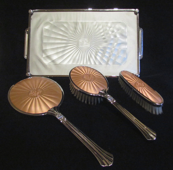 1940s Picadilly Vanity Set Mirror Brush Tray & Clothing Brush Celluloid Guilloche Dresser Set Made In England