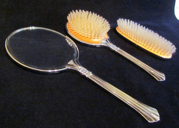 1940s Picadilly Vanity Set Mirror Brush Tray & Clothing Brush Celluloid Guilloche Dresser Set Made In England