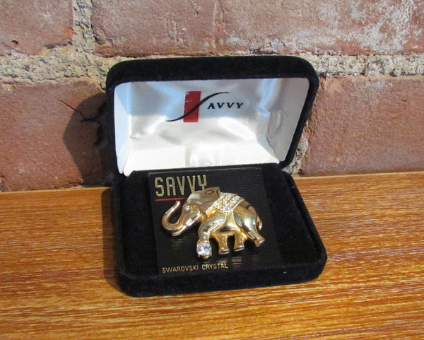 Vintage Savvy Swarovski Crystal Elephant Brooch Pin NIB