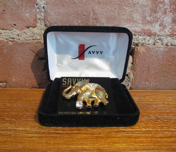 Vintage Savvy Swarovski Crystal Elephant Brooch Pin NIB