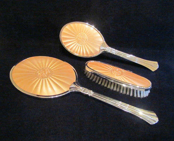 1940s Picadilly Vanity Set Mirror Brush Tray & Clothing Brush Celluloid Guilloche Dresser Set Made In England