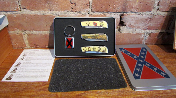 Vintage Confederate Commemorative Pocket Knives & Keychain Set Complete Mint NIB