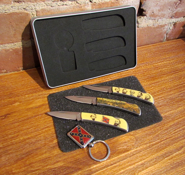 Vintage Confederate Commemorative Pocket Knives & Keychain Set Complete Mint NIB