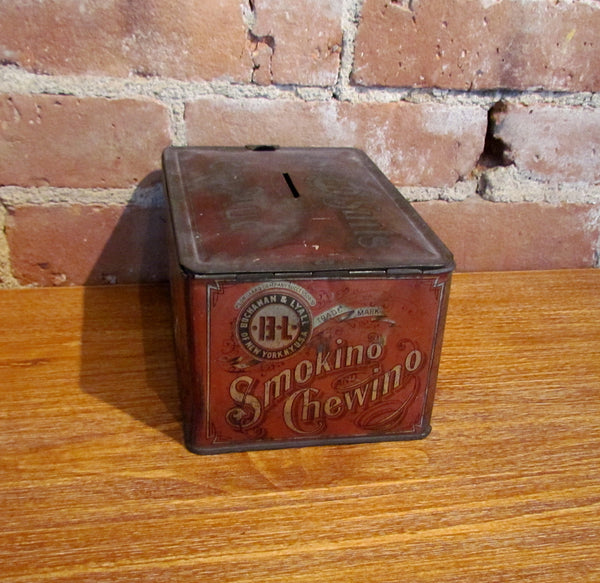 Antique Just Suits Cut Plug Smoking Chewing Tobacco Tin Advertising Metal Bank Box