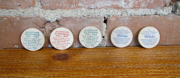 Five Wooden Nickels-Three Allentown, PA 1962 Bicentennial & Two Freihofer's Lehigh Valley, PA 1965