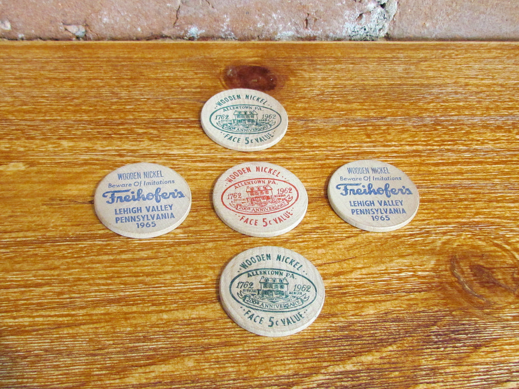 Five Wooden Nickels-Three Allentown, PA 1962 Bicentennial & Two Freihofer's Lehigh Valley, PA 1965