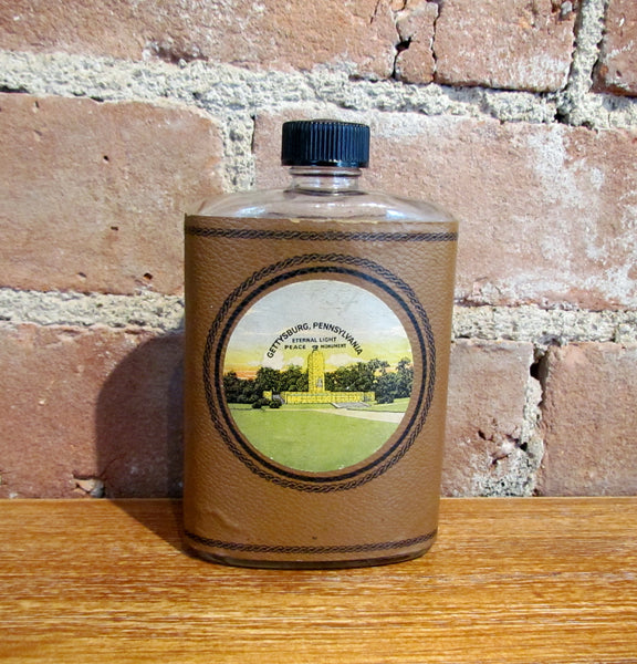 Vintage Civil War Souvenir Eternal Light Peace Monument Flask Leather Wrap Glass Bottle