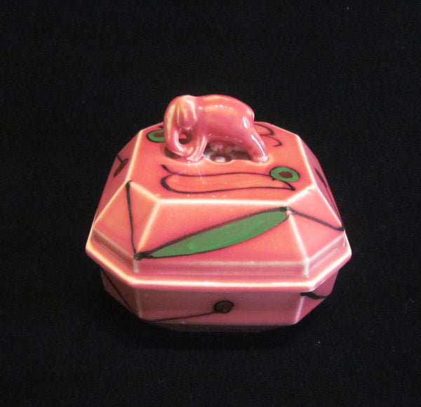 1930s Pink Elephant Powder Box Art Deco Ceramic Powder Jar Unused Powder Puff