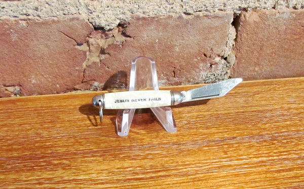 Jesus Never Fails Cracked Ice Celluloid Pocket Knife Fob Vintage NIB