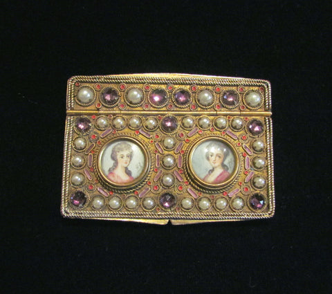 1800s French Portrait & Jewel Gold Ormolu Compact Antique 19th Century Excellent Condition