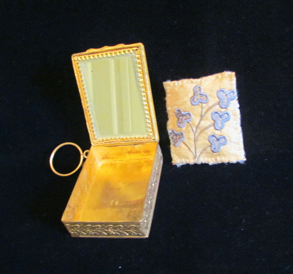 1800s French Gold Ormolu Compact Purse Enamel Guilloche And Pearl Finger Ring Excellent Condition