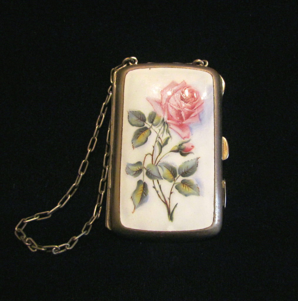 Victorian Floral Enamel Dance Purse EP Silver Compact Card Case Early 1900's