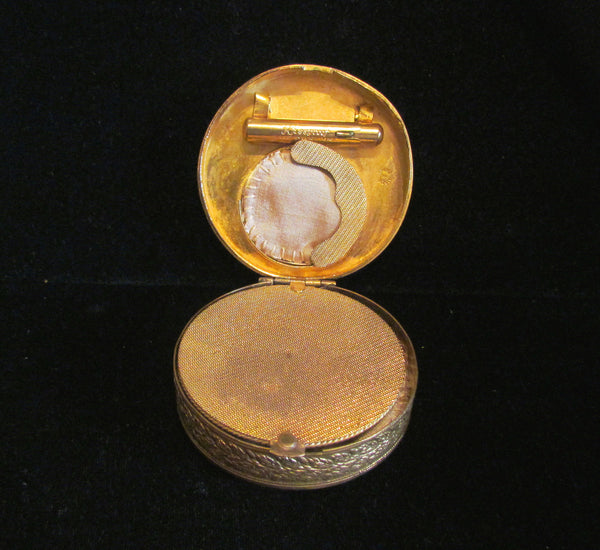 Gold French Compact Mother Of Pearl Blue Stones 1800s Antique Powder Rouge Compact RARE