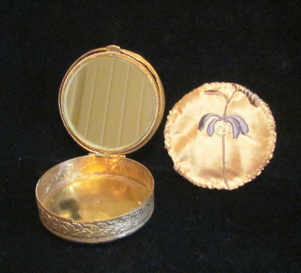 Gold French Compact Mother Of Pearl Blue Stones 1800s Antique Powder Rouge Compact RARE