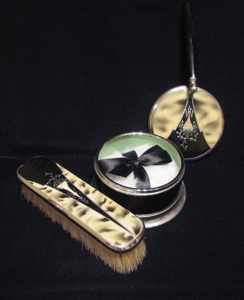 1930's Powder Box And Brush Set Art Deco Vanity Set Powder Jar And Clothing Brush Dresser Set