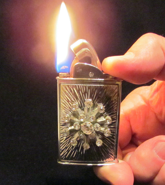 Evans Rhinestone Lighter Ladies Pocket Lighter Silver Starburst Vintage Working Lighter