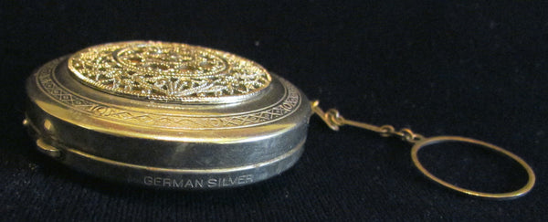 1920s German Silver Filigree Compact Powder And Mirror Finger Ring Compact Purse