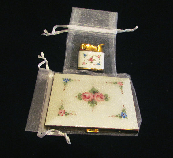 Evans Cigarette Case Lighter Set Guilloche Enamel 1950s Floral Set Fits 100s Excellent Working Condition