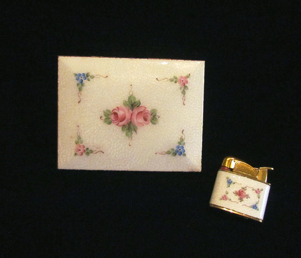 Evans Cigarette Case Lighter Set Guilloche Enamel 1950s Floral Set Fits 100s Excellent Working Condition