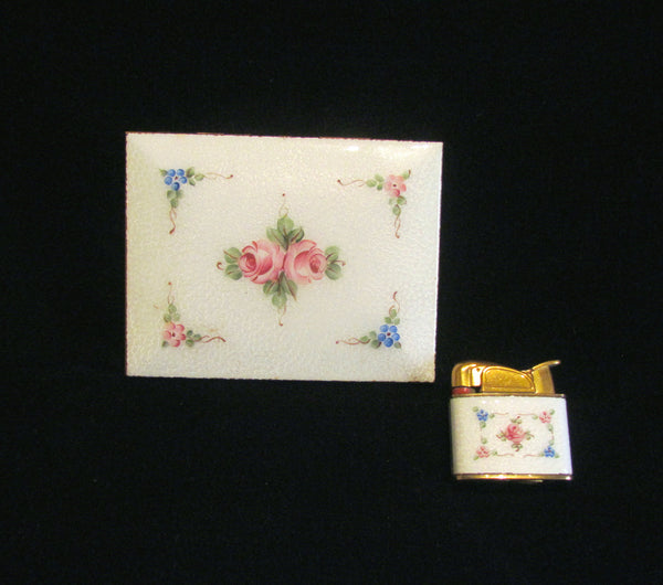 Evans Cigarette Case Lighter Set Guilloche Enamel 1950s Floral Set Fits 100s Excellent Working Condition
