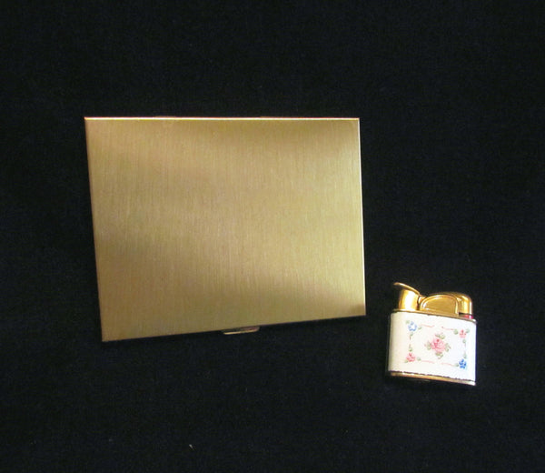 Evans Cigarette Case Lighter Set Guilloche Enamel 1950s Floral Set Fits 100s Excellent Working Condition