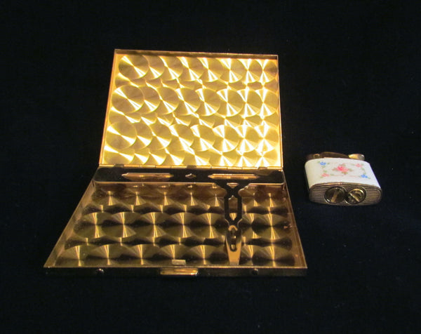 Evans Cigarette Case Lighter Set Guilloche Enamel 1950s Floral Set Fits 100s Excellent Working Condition