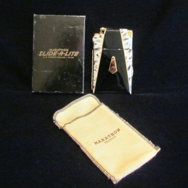 Marathon Cigarette Case Lighter 1930s Slide A Lite Working Gold & Enamel Case Lite Unused In Original Box