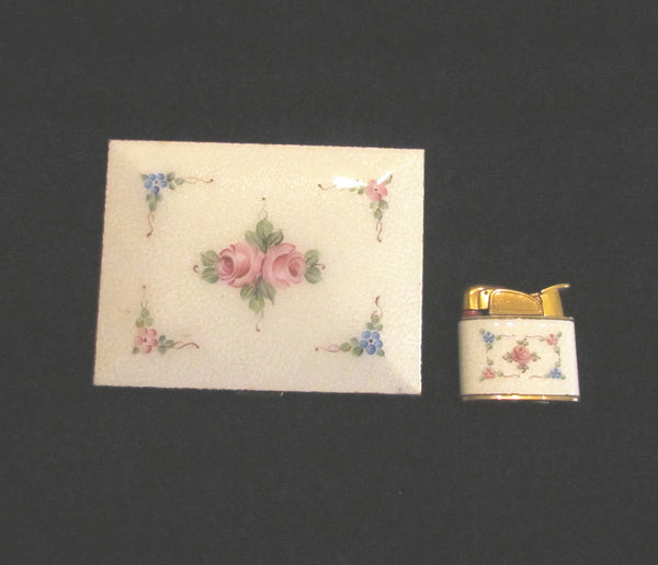 Evans Cigarette Case Lighter Set Guilloche Enamel 1950s Floral Set Fits 100s Excellent Working Condition