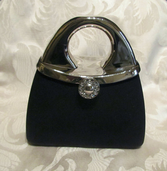 1950s Silver And Black Moire Cluch Purse With Rhinestone Clasp Shoulder Evening Bag