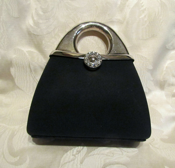 1950s Silver And Black Moire Cluch Purse With Rhinestone Clasp Shoulder Evening Bag