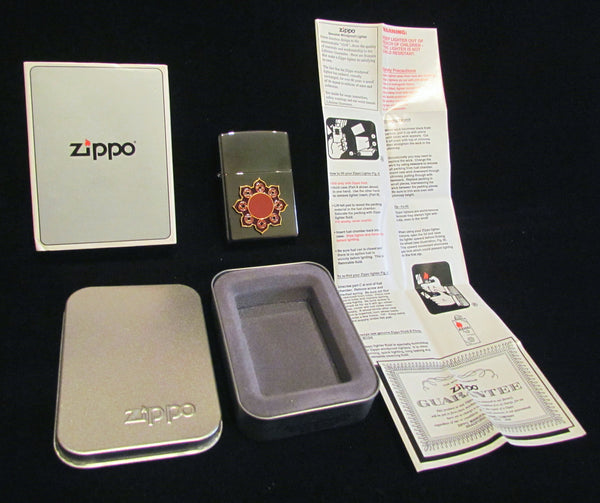 Vintage Zippo Bronze Lighter USA Sealed Unused Pocket Lighter In Original Metal Case Red Enamel Accents Unique