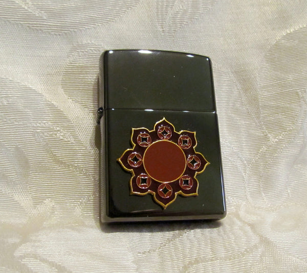 Vintage Zippo Bronze Lighter USA Sealed Unused Pocket Lighter In Original Metal Case Red Enamel Accents Unique