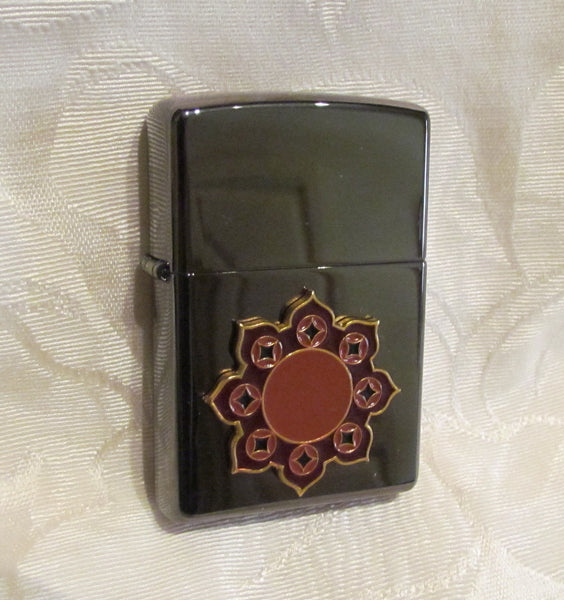 Vintage Zippo Bronze Lighter USA Sealed Unused Pocket Lighter In Original Metal Case Red Enamel Accents Unique