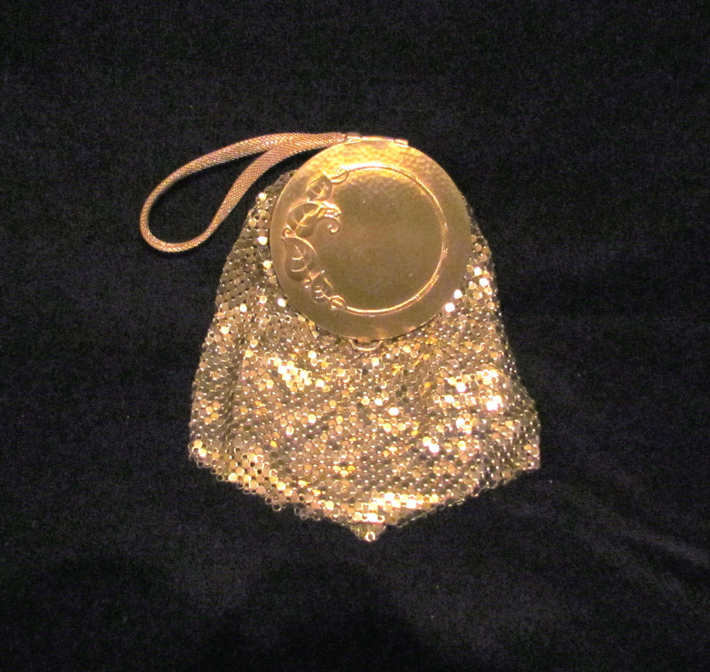 Whiting Davis Mesh Compact Purse 1930s Gold Mesh Mirror Handbag