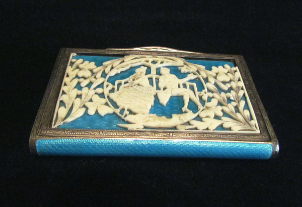 Early 1900s Sterling Silver Guilloche Compact Vanity Case Cigarette Case Victorian Courting Scene