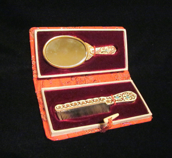 Asian Enamel Comb And Mirror Set With Silk Case Bird Motif