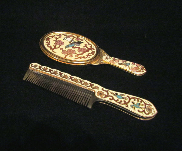 Asian Enamel Comb And Mirror Set With Silk Case Bird Motif