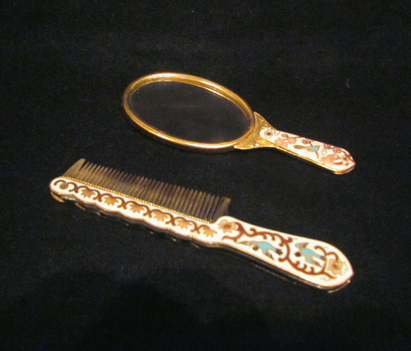 Asian Enamel Comb And Mirror Set With Silk Case Bird Motif